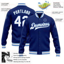 Load image into Gallery viewer, Custom Royal White-Light Blue Bomber Full-Snap Varsity Letterman Jacket