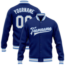 Load image into Gallery viewer, Custom Royal White-Light Blue Bomber Full-Snap Varsity Letterman Jacket