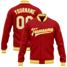 Load image into Gallery viewer, Custom Red White-Gold Bomber Full-Snap Varsity Letterman Jacket