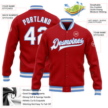 Load image into Gallery viewer, Custom Red White-Light Blue Bomber Full-Snap Varsity Letterman Jacket