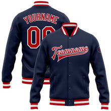 Load image into Gallery viewer, Custom Navy Red-White Bomber Full-Snap Varsity Letterman Jacket