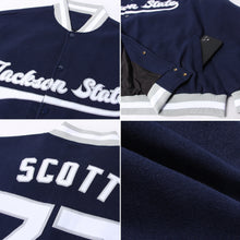 Load image into Gallery viewer, Custom Navy White-Gray Bomber Full-Snap Varsity Letterman Jacket