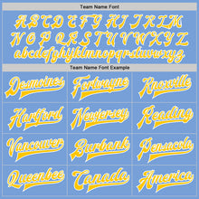 Load image into Gallery viewer, Custom Light Blue Gold-White Bomber Full-Snap Varsity Letterman Jacket