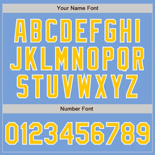 Load image into Gallery viewer, Custom Light Blue Gold-White Bomber Full-Snap Varsity Letterman Jacket