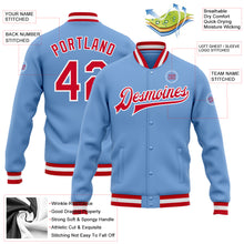 Load image into Gallery viewer, Custom Light Blue Red-White Bomber Full-Snap Varsity Letterman Jacket