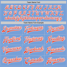 Load image into Gallery viewer, Custom Light Blue Orange-White Bomber Full-Snap Varsity Letterman Jacket