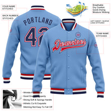 Load image into Gallery viewer, Custom Light Blue Navy White-Red Bomber Full-Snap Varsity Letterman Jacket