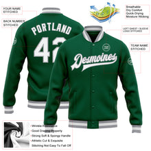 Load image into Gallery viewer, Custom Kelly Green White-Gray Bomber Full-Snap Varsity Letterman Jacket