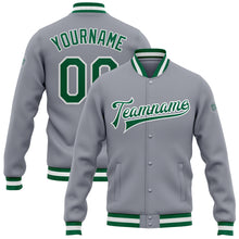 Load image into Gallery viewer, Custom Gray Kelly Green-White Bomber Full-Snap Varsity Letterman Jacket