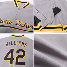 Load image into Gallery viewer, Custom Gray Black-Gold Bomber Full-Snap Varsity Letterman Jacket