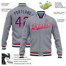 Load image into Gallery viewer, Custom Gray Navy White-Red Bomber Full-Snap Varsity Letterman Jacket