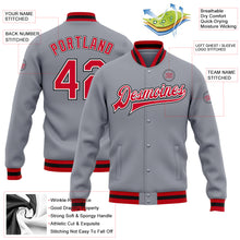 Load image into Gallery viewer, Custom Gray Red White-Black Bomber Full-Snap Varsity Letterman Jacket