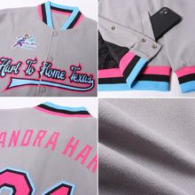 Load image into Gallery viewer, Custom Gray Pink Black-Light Blue Bomber Full-Snap Varsity Letterman Jacket