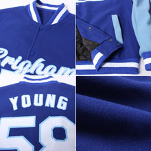 Load image into Gallery viewer, Custom Royal White-Light Blue Bomber Full-Snap Varsity Letterman Two Tone Jacket