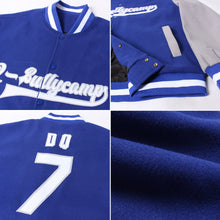 Load image into Gallery viewer, Custom Royal White-Gray Bomber Full-Snap Varsity Letterman Two Tone Jacket