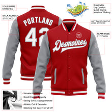Load image into Gallery viewer, Custom Red White-Gray Bomber Full-Snap Varsity Letterman Two Tone Jacket