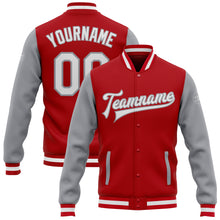 Load image into Gallery viewer, Custom Red White-Gray Bomber Full-Snap Varsity Letterman Two Tone Jacket