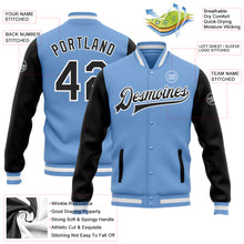 Load image into Gallery viewer, Custom Light Blue Black-White Bomber Full-Snap Varsity Letterman Two Tone Jacket
