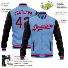Load image into Gallery viewer, Custom Light Blue Black-Pink Bomber Full-Snap Varsity Letterman Two Tone Jacket