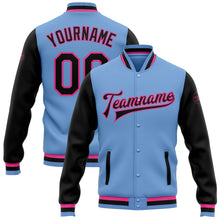 Load image into Gallery viewer, Custom Light Blue Black-Pink Bomber Full-Snap Varsity Letterman Two Tone Jacket