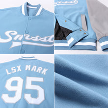 Load image into Gallery viewer, Custom Light Blue White-Gray Bomber Full-Snap Varsity Letterman Two Tone Jacket