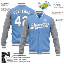 Load image into Gallery viewer, Custom Light Blue White-Gray Bomber Full-Snap Varsity Letterman Two Tone Jacket