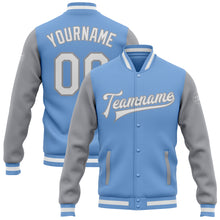 Load image into Gallery viewer, Custom Light Blue White-Gray Bomber Full-Snap Varsity Letterman Two Tone Jacket