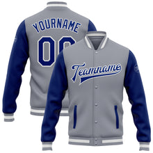 Load image into Gallery viewer, Custom Gray Royal-White Bomber Full-Snap Varsity Letterman Two Tone Jacket