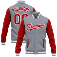 Load image into Gallery viewer, Custom Gray Red-White Bomber Full-Snap Varsity Letterman Two Tone Jacket
