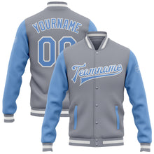 Load image into Gallery viewer, Custom Gray Light Blue-White Bomber Full-Snap Varsity Letterman Two Tone Jacket