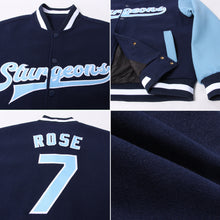 Load image into Gallery viewer, Custom Navy Light Blue-White Bomber Full-Snap Varsity Letterman Two Tone Jacket