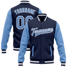 Load image into Gallery viewer, Custom Navy Light Blue-White Bomber Full-Snap Varsity Letterman Two Tone Jacket