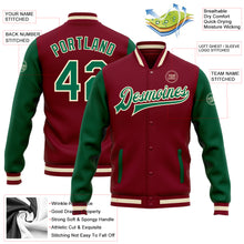 Load image into Gallery viewer, Custom Crimson Kelly Green-Cream Bomber Full-Snap Varsity Letterman Two Tone Jacket