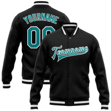 Load image into Gallery viewer, Custom Black Aqua-White Bomber Full-Snap Varsity Letterman Jacket