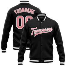 Load image into Gallery viewer, Custom Black Medium Pink-White Bomber Full-Snap Varsity Letterman Jacket