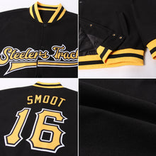 Load image into Gallery viewer, Custom Black Gold-White Bomber Full-Snap Varsity Letterman Jacket