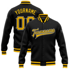 Load image into Gallery viewer, Custom Black Gold-White Bomber Full-Snap Varsity Letterman Jacket