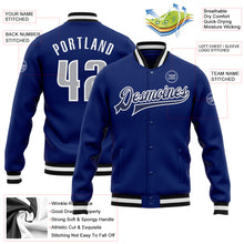 Load image into Gallery viewer, Custom Royal Gray-Navy Bomber Full-Snap Varsity Letterman Jacket