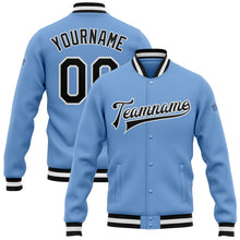 Load image into Gallery viewer, Custom Light Blue Black-White Bomber Full-Snap Varsity Letterman Jacket