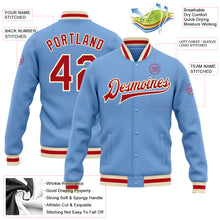 Load image into Gallery viewer, Custom Light Blue Red-Cream Bomber Full-Snap Varsity Letterman Jacket