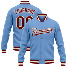 Load image into Gallery viewer, Custom Light Blue Maroon-Cream Bomber Full-Snap Varsity Letterman Jacket
