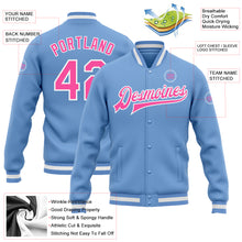 Load image into Gallery viewer, Custom Light Blue Pink-White Bomber Full-Snap Varsity Letterman Jacket