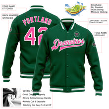 Load image into Gallery viewer, Custom Kelly Green Pink-White Bomber Full-Snap Varsity Letterman Jacket
