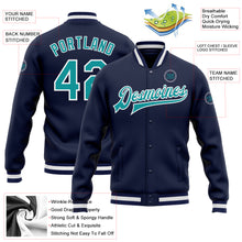 Load image into Gallery viewer, Custom Navy Aqua-White Bomber Full-Snap Varsity Letterman Jacket