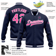 Load image into Gallery viewer, Custom Navy Pink-White Bomber Full-Snap Varsity Letterman Jacket