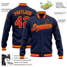 Load image into Gallery viewer, Custom Navy Red-Gold Bomber Full-Snap Varsity Letterman Jacket