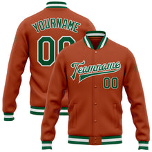 Load image into Gallery viewer, Custom Texas Orange Kelly Green-White Bomber Full-Snap Varsity Letterman Jacket