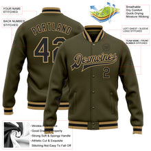 Load image into Gallery viewer, Custom Olive Black-Old Gold Bomber Full-Snap Varsity Letterman Salute To Service Jacket