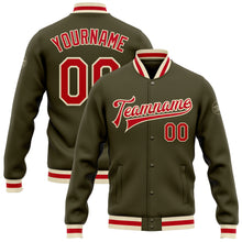 Load image into Gallery viewer, Custom Olive Red-Cream Bomber Full-Snap Varsity Letterman Salute To Service Jacket