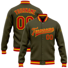 Load image into Gallery viewer, Custom Olive Red-Gold Bomber Full-Snap Varsity Letterman Salute To Service Jacket